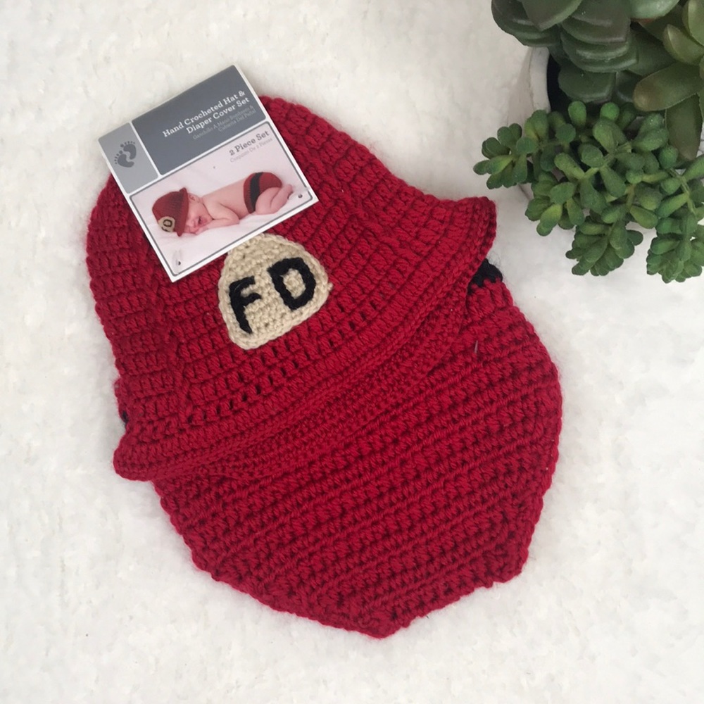 Hand Crocheted Fireman 🚒 Hat & Diaper Cover Set
